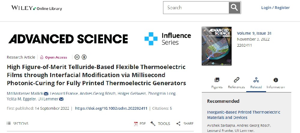 《Advanced Science》：通過毫秒光子燒結界面改性制備高品質因數(shù)碲化物基柔性熱電薄膜，用于全印刷熱電發(fā)電機（IF=15.17）